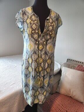 Embellished Ikat Midi Dress in Blue and Yellow